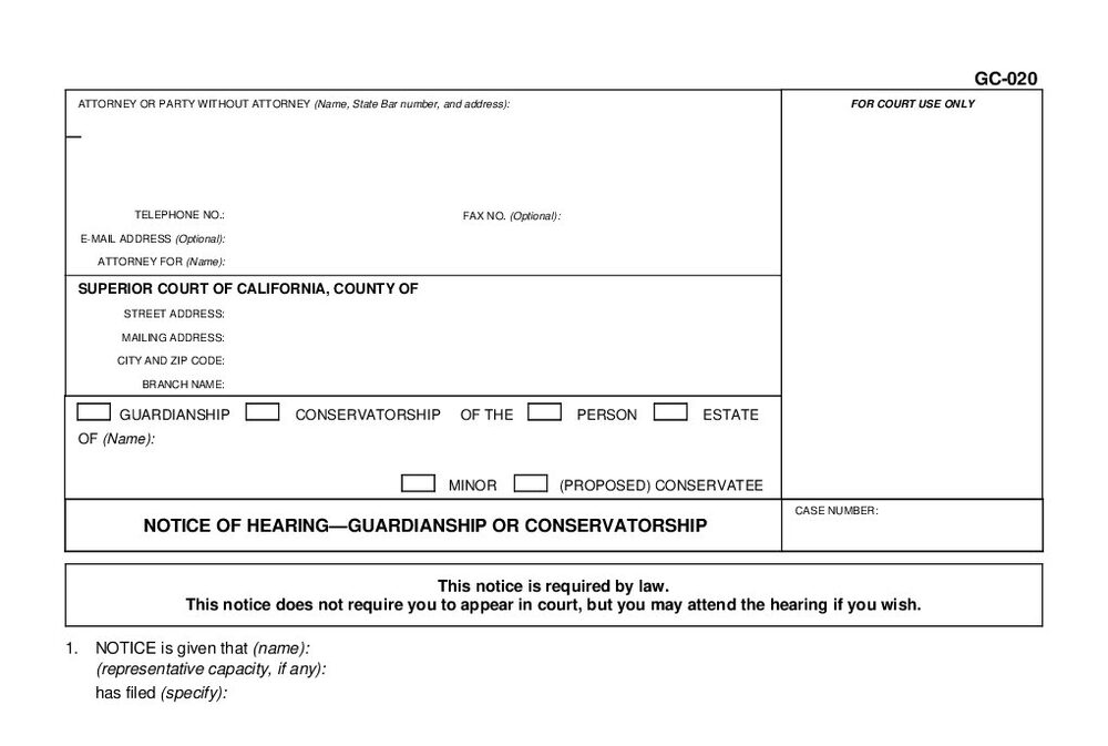Form GC-020: Notice of Hearing-Guardianship or Conservatorship - page 1 preview
