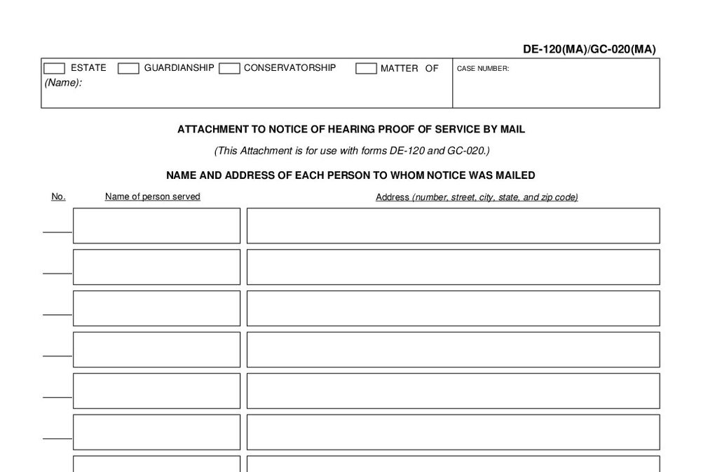 Form GC-020(MA): Attachment to Notice of Hearing Proof of Service by Mail - page 1 preview